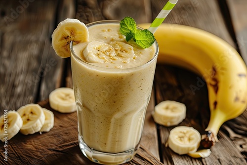 Smoothie with banana and mint on white wooden table Clean eating alkaline diet 
