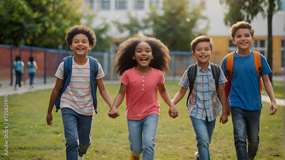 Group of diverse cheerful fun happy multiethnic children outdoors at the schoolyard