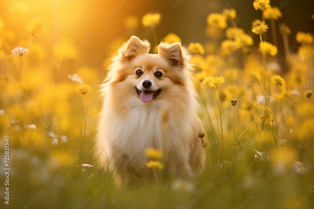 Russian toy dog sitting in meadow field surrounded by vibrant wildflowers and grass on sunny day ai generated