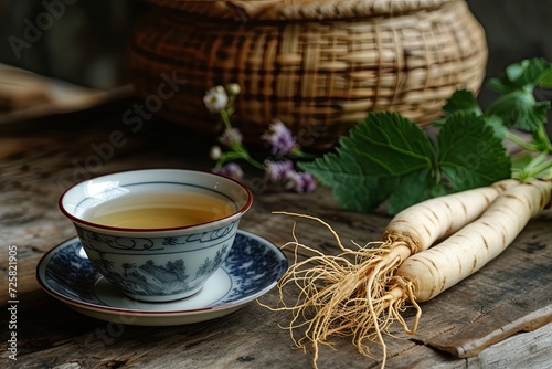 Table holds ginseng and teacup