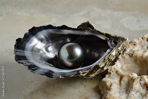 Tahitian Black Pearl in Black lip oyster shell photo