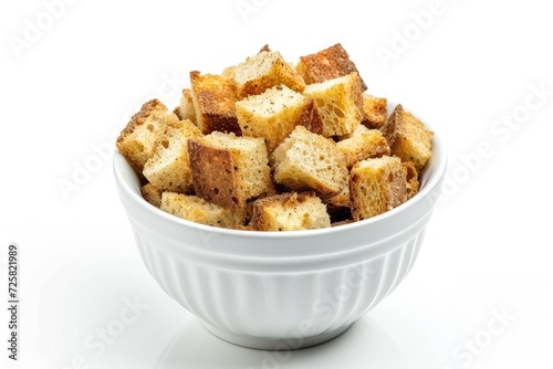 Tasty crunchy croutons in a bowl on a white surface