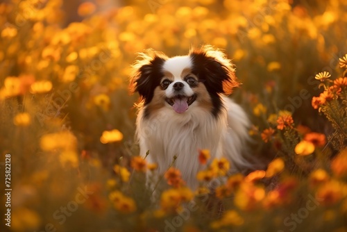 Fototapete Japanese chin dog sitting in meadow field surrounded by vibrant wildflowers and