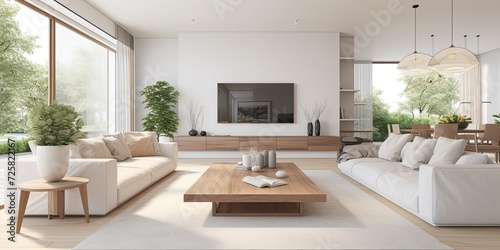 Spacious white home with sofa  coffee table  TV  and dining zone.