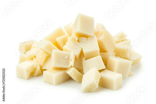 Top view of diced soft cheese on white background