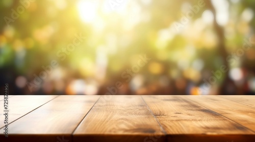 Empty wooden table top on blurred background at sunset AI Generated © stocksbyrs