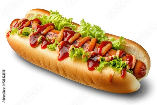 Traditional hotdog with mustard being hand taken Delicious sausage with mustard in a bun