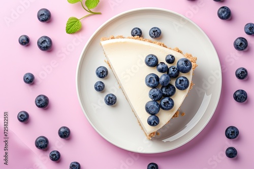 Trendy fashion dessert Cheesecake slice with blueberries on plate pink background