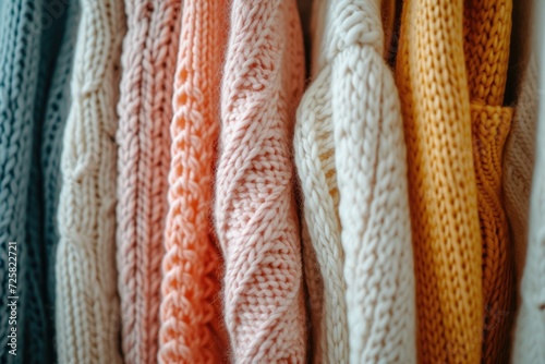 Variety of fashionable warm pastel color sweaters with unique vertical knitting patterns seen up close Perfect for fall and winter