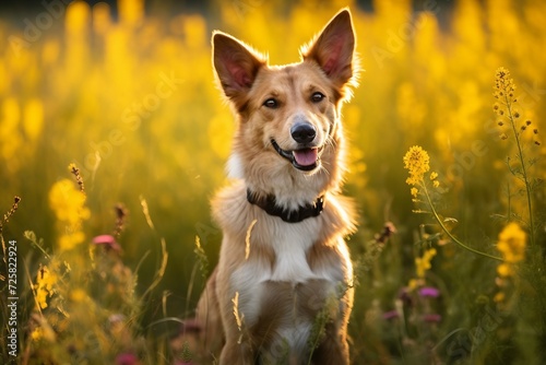 Mudi dog sitting in meadow field surrounded by vibrant wildflowers and grass on sunny day ai generated