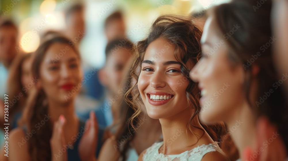 Joyful woman smiling at a social gathering with friends Joyful woman smiling at a social gathering with friends