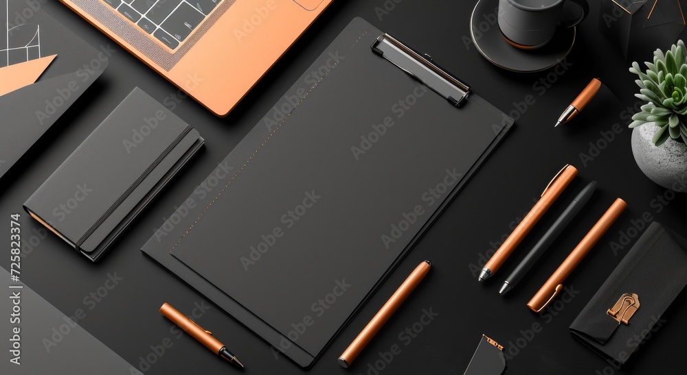 Flat lay template with black and peach brand guidelines. Presentation of corporate governance style. Logo guide mockup - obrazy, fototapety, plakaty 