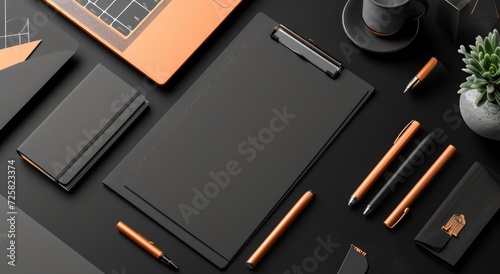 Flat lay template with black and peach brand guidelines. Presentation of corporate governance style. Logo guide mockup