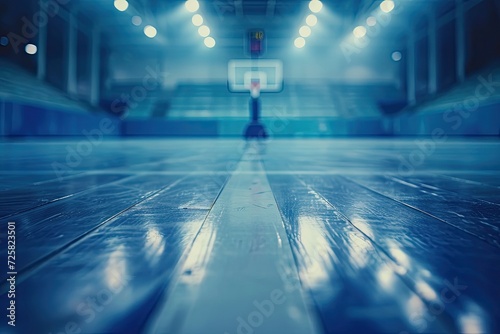 Wide view of a basketball court with a blurred background focused on the floor with a blue tint