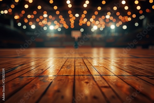 Wooden floored basketball court illuminated by reflectors with a blurred lights backdrop and tribune photo