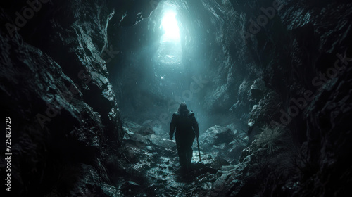 A man walking through a dark valley toward the heavenly light trusting in God Generative AI Illustration © SVasco