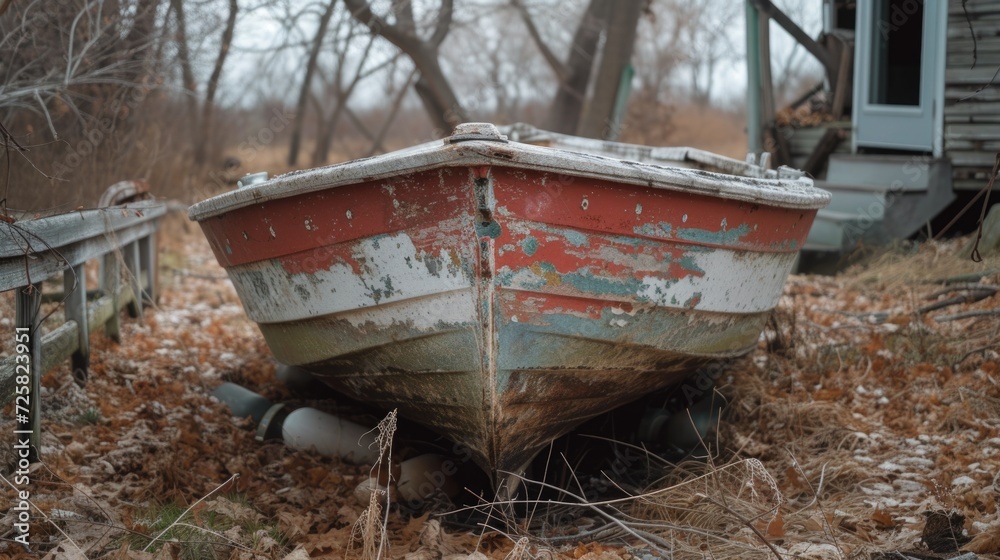 A red and white boat placed on top of dry grass. Ideal for outdoor adventure or nautical-themed designs A red and white boat placed on top of dry grass. Ideal for outdoor adventure or nautical-themed designs