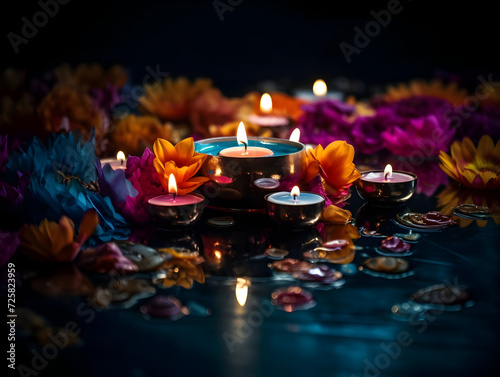 Beautiful Diya lights with flowers floating on water