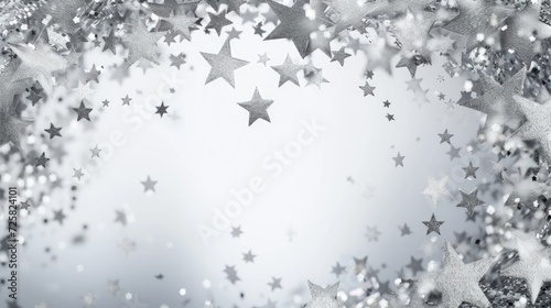 A silver stars confetti frame adorns a banner, creating a shimmering and glamorous scene with plenty of copy space."