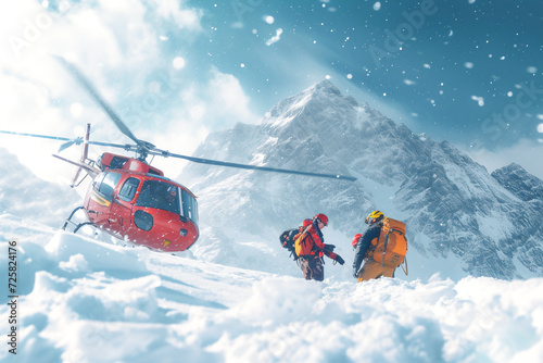 Rescue team and rescue helicopter rescuing a man at snow mountain .Search and rescue operation in mountains