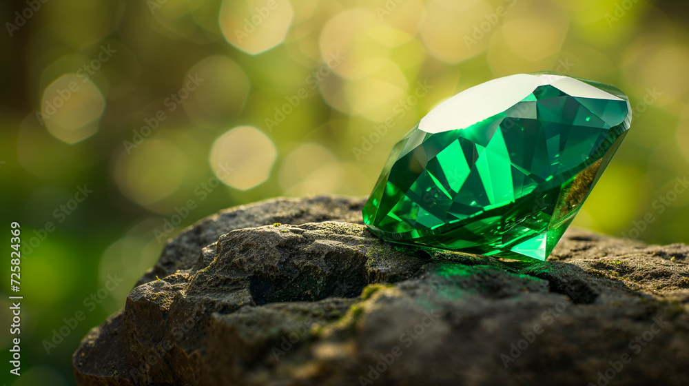 Gleaming emerald sits perched on moss-covered stone, its facets reflecting sun-dappled light filtering through leafy surroundings. Gleaming emerald sits perched on moss-covered stone, its facets reflecting sun-dappled light filtering through leafy surroundings.