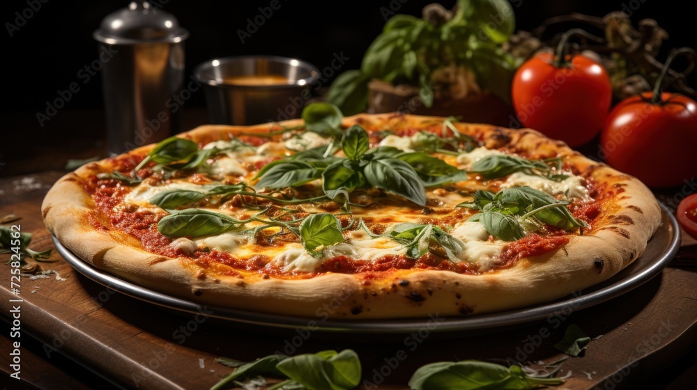 Whole pizza with bubbling cheese and vibrant green basil leaves