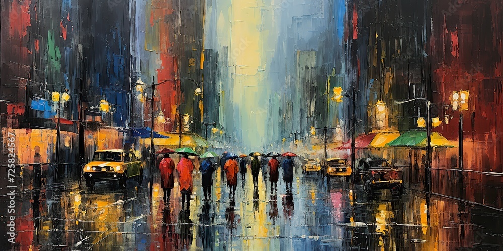 Rainy cityscape painting with reflective streets and pedestrians under umbrellas in vibrant colors