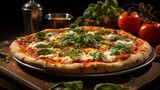 Whole pizza with bubbling cheese and vibrant green basil leaves