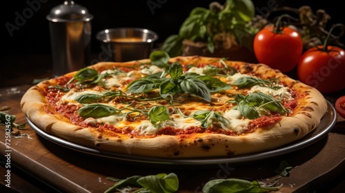 Whole pizza with bubbling cheese and vibrant green basil leaves