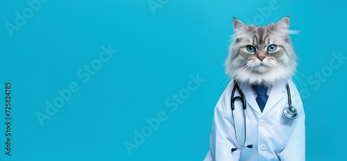 Cute cat doctor, funny feline practitioner, medical worker in vet clinic. Pet hospital, banner