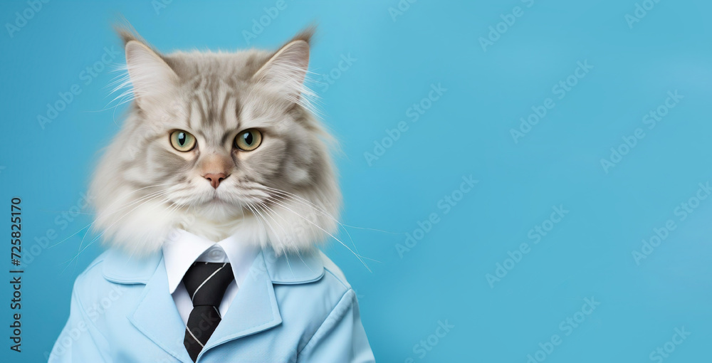 Cute funny cat doctor. Anthropomorphic feline physician, GP, medical specialist, copy space