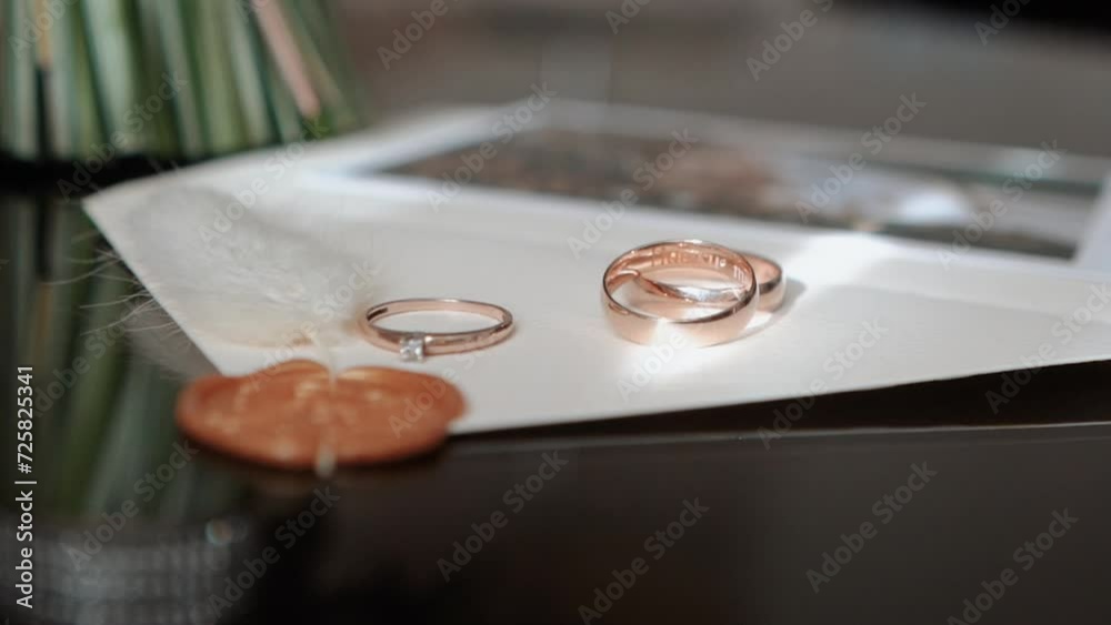 close-up of the wedding rings of the bride and groom before the outdoor ceremony lie on the table