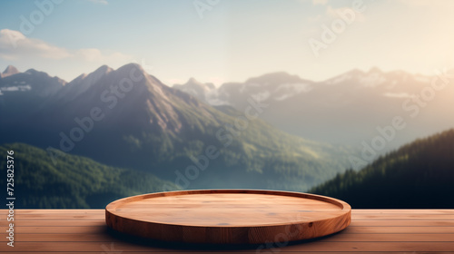 Wooden Farm Landscape Alps Natur Platform Empty Blank Plate Podium Pedestral Table Stand Mockup Product Display Showcase Wood Surface Podest Presentation Cows Pasture  photo