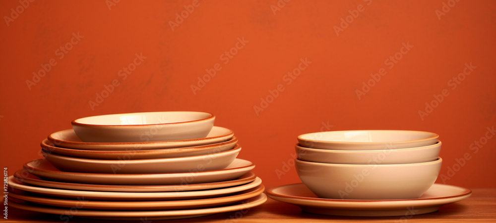 Dishes on orange background, generative AI Dishes on orange background, generative AI