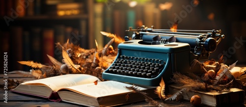 Vintage typewriter with notebook, eyeglasses and houseplant