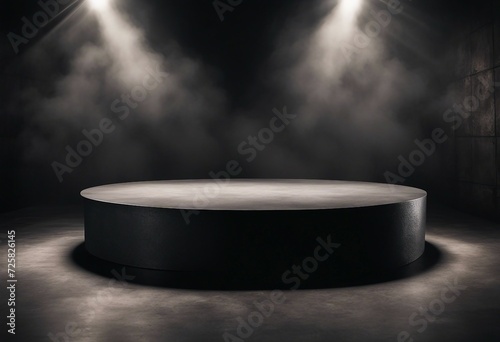 Podium black dark smoke background product platform abstract stage texture fog spotlight Dark black