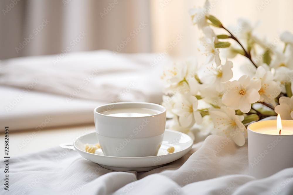 Cozy morning. White day. Flowers and coffee, breakfast . Mother's day
