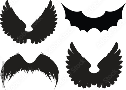 set of black wings isolated on White background.  illustration