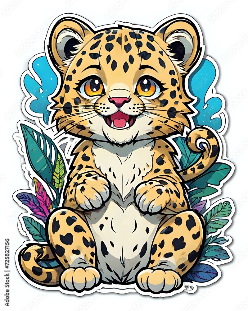 Illustration of a cute cartoon Leopard sticker with vibrant colors and a playful expression Illustration of a cute cartoon Leopard sticker with vibrant colors and a playful expression