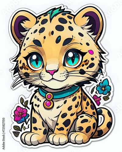 Illustration of a cute cartoon Leopard sticker with vibrant colors and a playful expression