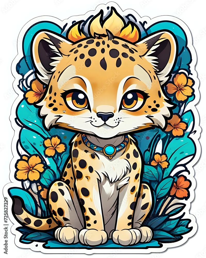 Fototapeta premium Illustration of a cute cartoon Cheetah sticker with vibrant colors and a playful expression