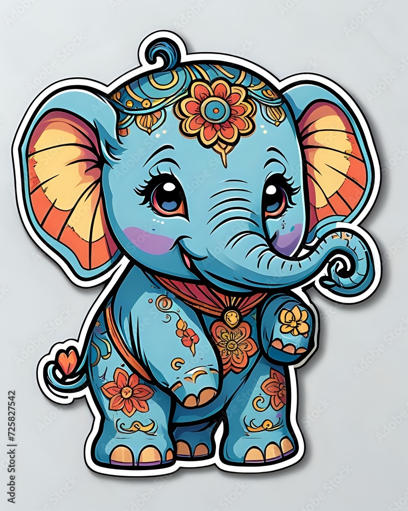 Obraz premium Illustration of a cute cartoon Elephant sticker with vibrant colors and a playful expression