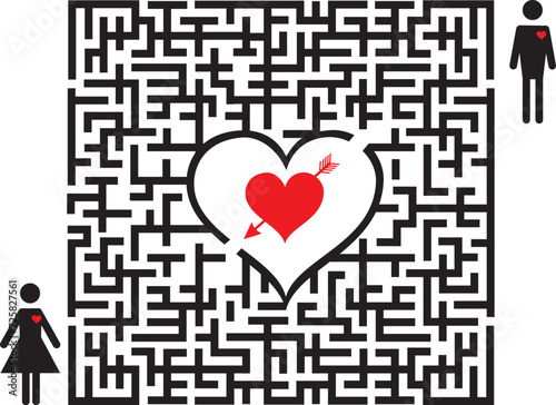 Conceptual of love maze. Boy is going to his girlfriend through the Labyrinth of Heart.  Vector Illustration