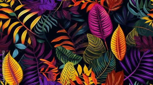 jungle plants, boho, hand drawn, seamless pattern. Generative Ai