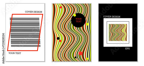 Geometric cover design, set of 3 covers. Abstract unusual background in Memphis style. Bright geometric shapes in random order