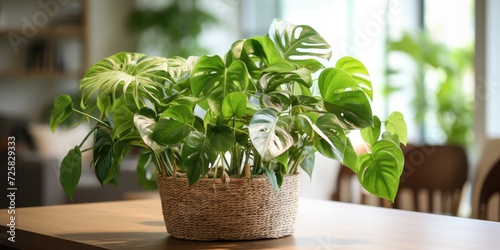 Beautiful fresh plants placed in a wooden basket with a monstera tree and flowers on a wooden table in an office setting, representing the beauty of nature.
