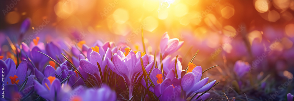 Purple crocuses in bloom at sunset. Spring and beauty concept. Design for gardening, seasonal festivals flyer, invitation. Banner with copy space. - obrazy, fototapety, plakaty 