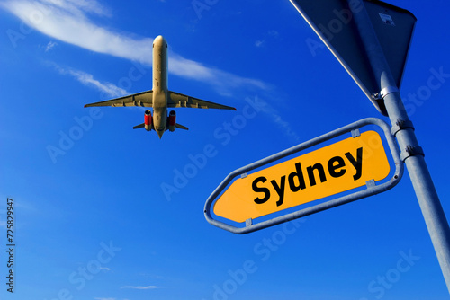 Photography travel destination sign Sydney with a passenger airplane