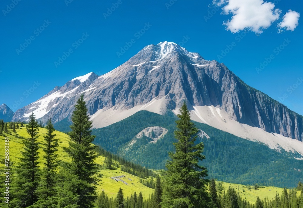 Obraz premium Mountain covered by forest and a blue sky