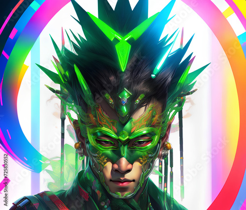 Asian male with green cyberpunk mask and headdress
